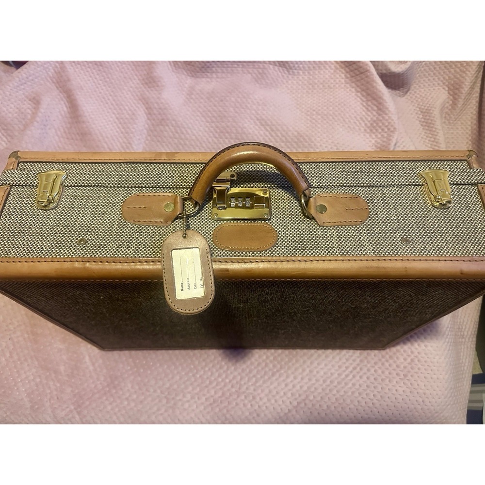 Vintage Brown Tweed Suitcase Luggage Hard Shell Travel Bag Gold Hardware